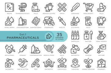 Set of conceptual icons. Vector icons in flat linear style for web sites, applications and other graphic resources. Set from the series - Pharmaceutics. Editable outline icon.	