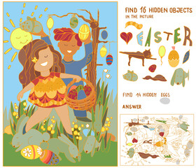 Find  hidden objects. Egg hunt. Kids search and find Easter eggs. Little boy and girl, bunnies, eggs  basket, flowers. Puzzle for kids. Easter game. Hand drawn vector illustration.