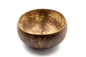 Empty coconut bowl on a white background. Bowls made from coconut shell.