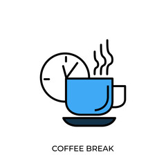 The best Coffee break business icon in blue, flat vector illustration in trendy style, isolated on white background. Editable perfect graphic resources for many purposes.