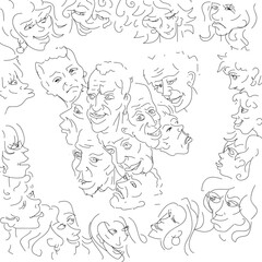 Funny head men and women line drawing