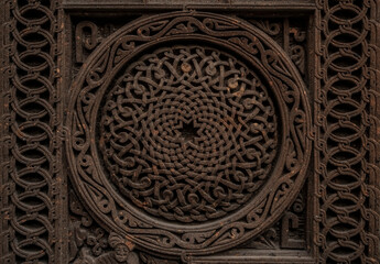 Carved round ornament with intertwining strips forming a pattern placed in a round frame on a red...