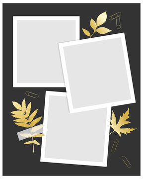 Template vintage collage for photo book, reminders, social media, notes, to do list. Scrapbooking herbarium gold leaves. Vector illustration