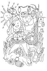 Coloring page with Egg hunt. Kids search and find Easter eggs. Boy and girl, bunnies in grass. Colouring Puzzle for kids. Easter game. Hand drawn vector illustration