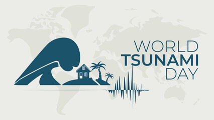 World Tsunami Day Vector illustration, with tsunami wave symbol, house, tropical beach, seismic wave, and world map. International event which is commemorated every 5 November.