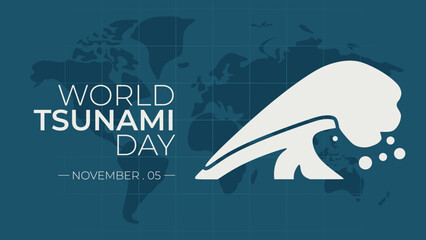 World Tsunami Day Vector illustration, with tsunami wave icon and world map, in trendy design style, with matching color scheme. International event which is commemorated every 5 November.