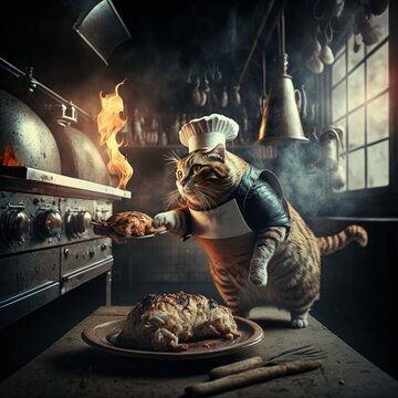 Cat Chef Cooking Chicken Grilled And Barbecue In The Big Kitchen, Cat, Chicken, Chicken Grilled, Cat In Chefs, Generative AI