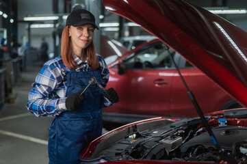 A woman auto mechanic in overalls is repairing a car.