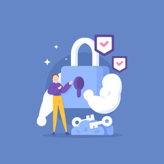 strong security and protection system. guard or protector. customer data protection services. a user feels safe and trusts with a padlock. concept illustration design. graphic elements