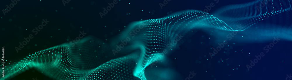 Poster abstract digital data background. wave with moving dots. musical stream of sounds. 3d rendering.