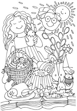Coloring page with Boy and Girl with a bunny at the Easter picnic.  Easter eggs. Spring holiday game. Colouring Puzzle for kids. Hand drawn vector illustration