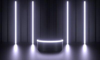 Dark podium with lights 3D rendering