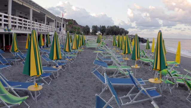 TERMOLI, ITALY - AUGUST 30, 2021: 4K video (Ultra High Definition) of Sant'Antonio beach in Termoli port. Empty coast of Adriatic sea. Vacation concept background..