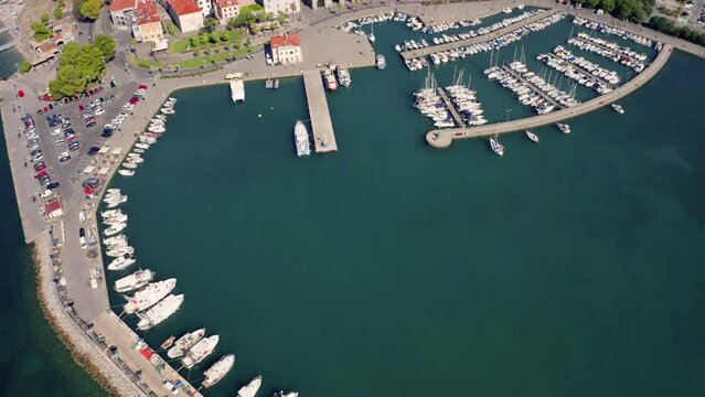 KOPER, SLOVENIA - AUGUST 18, 2021: 4k drone flying over footage (Ultra High Definition) of Koper town. Wonderful summer scene of Adriatic coastline, Slovenia, Europe.