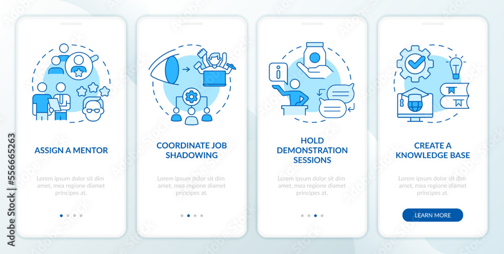 Poster product feature and application blue onboarding mobile app screen. walkthrough 4 steps editable grap