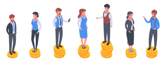 Isometric people standing on money stacks. Salary inequality, financial well-being, revenue gap, poor and rich people flat vector illustration set on white background