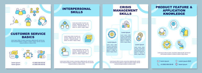 Customer service basics blue brochure template. Leaflet design with linear icons. Editable 4 vector layouts for presentation, annual reports. Arial-Black, Myriad Pro-Regular fonts used