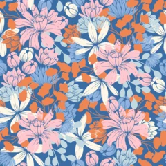 Gordijnen Floral seamless tropical pattern with bright plants and leaves on a delicate blue background. Summer colorful hawaiian seamless pattern with tropical plants. Tropical botanical. © EltaMax99