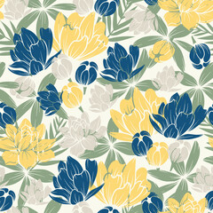 Floral seamless tropical pattern with bright plants and leaves on a delicate beige background. Beautiful exotic plants.  Summer colorful hawaiian seamless pattern with tropical plants.