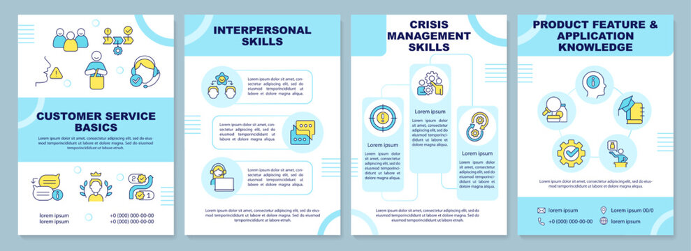 Customer Service Basics Blue Brochure Template. Leaflet Design With Linear Icons. Editable 4 Vector Layouts For Presentation, Annual Reports. Arial-Black, Myriad Pro-Regular Fonts Used