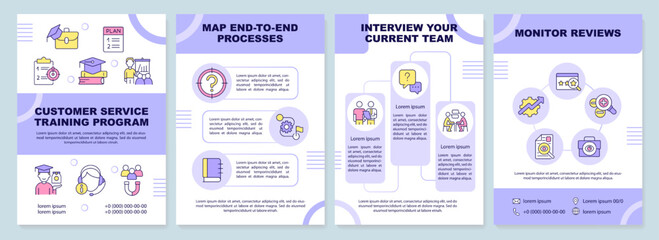 Customer service training program purple brochure template. Leaflet design with linear icons. Editable 4 vector layouts for presentation, annual reports. Arial-Black, Myriad Pro-Regular fonts used