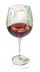 A glass of red wine on white background. Red drops.