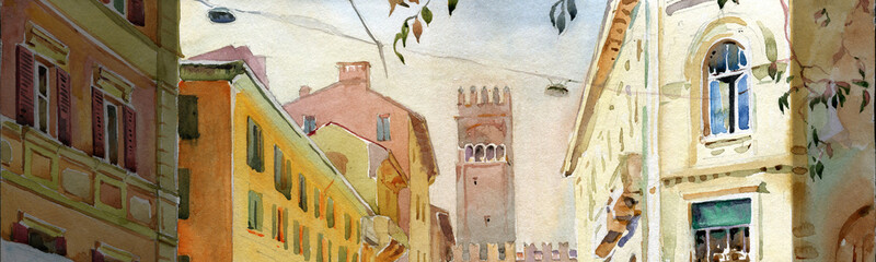 Watercolor painting of the old city architecture. Bologna Italy. © Firsik Anton