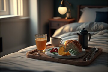 Breakfast on a bed in a cozy hotel room, ai generated
