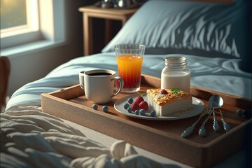 Fototapeta na wymiar Breakfast on a bed in a cozy hotel room, ai generated