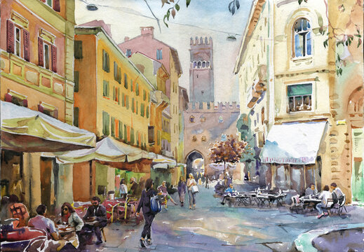 Watercolor painting of the old city. Rome Italy. Poster.