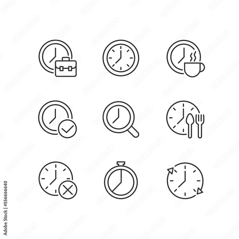 Poster timekeeping in daily life pixel perfect linear icons set. manage time at workplace. clock device. wo