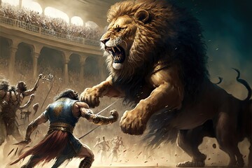 Supernatural epic fight, gladiator and lion, fantasy image dynamic, Generative Ai, - obrazy, fototapety, plakaty