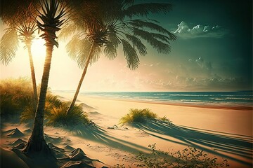 stunning landscape of beach with palm, sunshine, ai generated