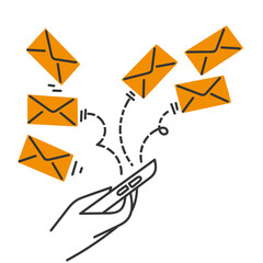 hand drawn doodle mobile phone sends a lot of envelope letters symbol for email marketing illustration