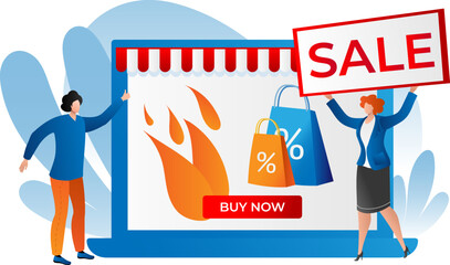 Hot sale at shop, advertising discount at store vector illustration. Low price for special offer, man woman people character shopping. Business promo