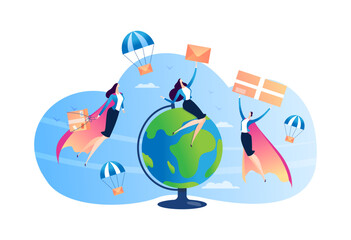 Mail delivery by transportation service concept, vector illustration. Woman hero character transport box, cartoon parcels all over world.