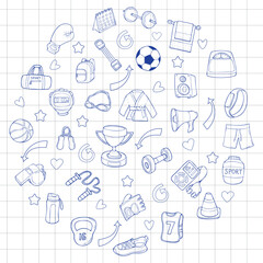 Hand drawn set of fitness related icons such as barbell, dumbbells, sneakers and more. Vector illustration, doodle style.Healthy lifestyle concept.
