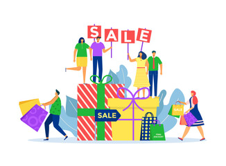Sale for buying cartoon gift in shop, vector illustration. People man woman character use discount and buy present box, happy christmas sale concept.