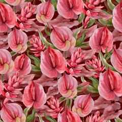 Obraz premium Watercolor Bohemian Flowers Seamless Pattern. Fall Floral Digital Print. Anthurium Tropical Flowers, Palm Leaf. Red Burgundy Textile Design Perfect for Fabric Printing, Invitations Designs