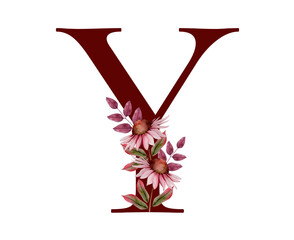 Burgundy Red Alphabet Letter Y With Hand Drawn Autumnal Boho Floral Composition. Watercolour Dahlia Flower Isolated on White Background. Fall Floral Clipart Perfect For Greetings, Invitations Designs