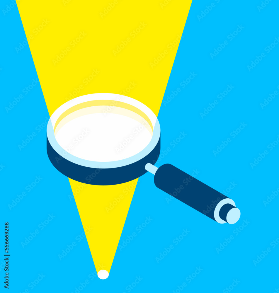 Poster magnifying glass icon in 3d flat style. sunlight in search loupe on color background. business analy