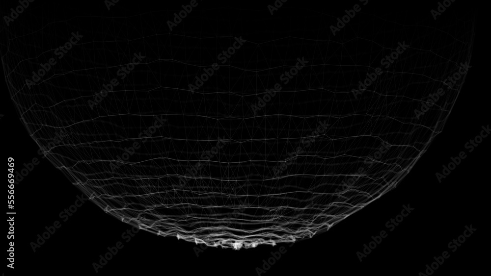 Poster A sphere of digital particles on a black background. Abstract of the interweaving of lines and points. Digital connection of elements. Modeling the movement of small particles. 3D visualization.
