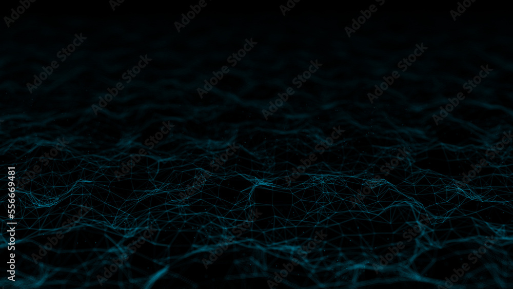 Poster Futuristic wave with lines and dots. Abstract background with a dynamic wave. Particle placement with hanging dots in space. Large data background. 3d rendering.