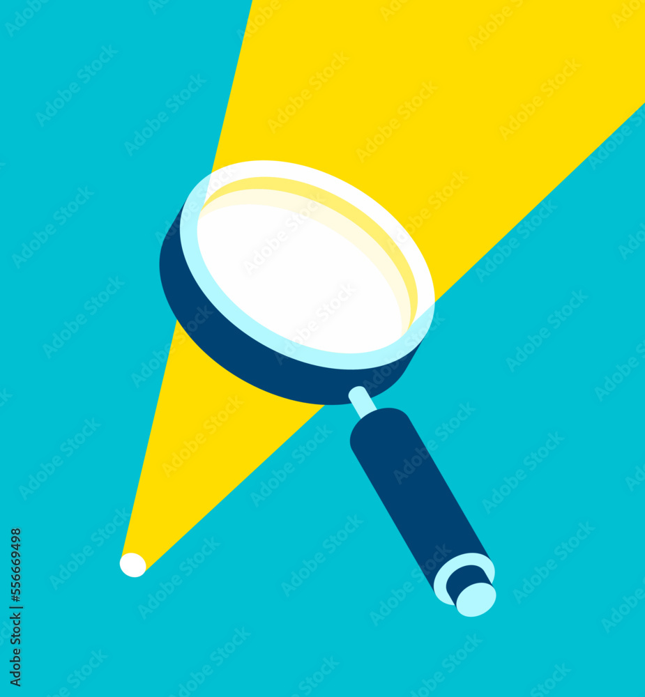 Poster magnifying glass icon in 3d flat style. sunlight in search loupe on color background. business analy