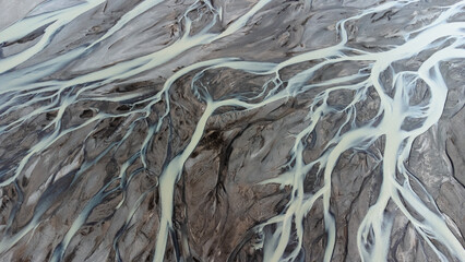 Glacial rivers from above. Aerial photograph of the river streams from Icelandic glaciers....