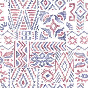 Seamless pattern in patchwork style. The ornament is drawn with a pencil on paper. Vintage print for home decor. Grunge texture, handmade.