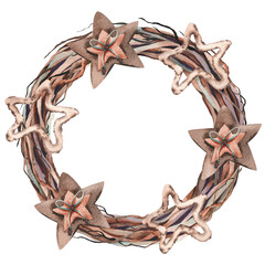 Christmas wreath with dry twigs and decorations. Watercolor illustration isolated on white background.
