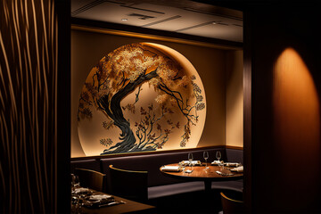 Generative AI illustration of fancy asian restaurant interior design