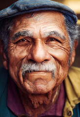 Closeup portrait of fictional old hispanic smiling man with wrinkles (Generative AI)