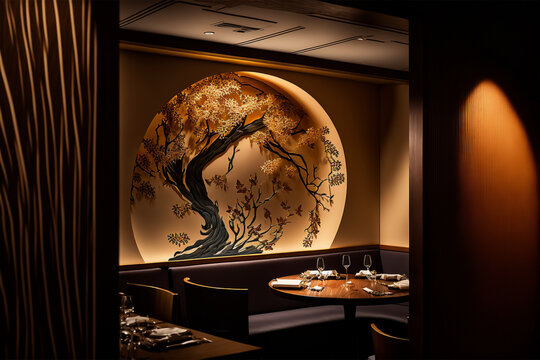 Generative AI illustration of fancy asian restaurant interior design